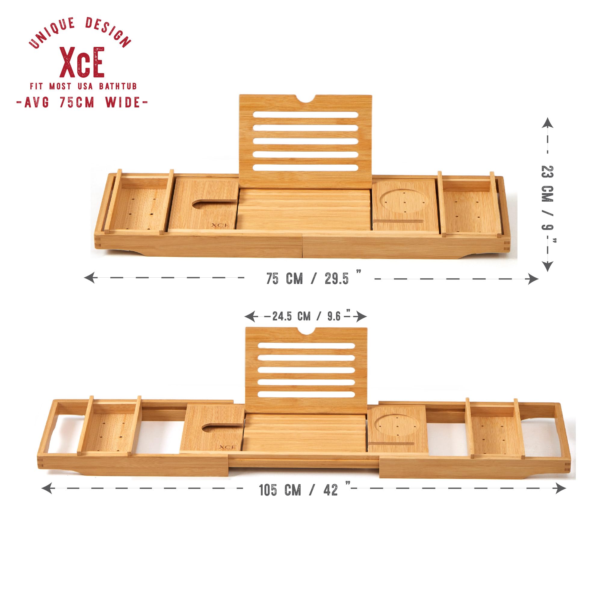 XcE Bamboo Bathtub Caddy soap dish keeps essentials within reach.