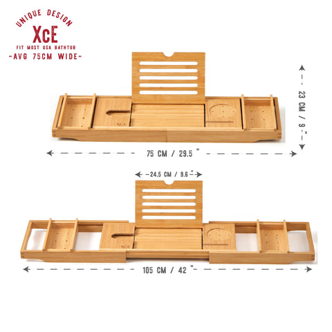 XcE Bamboo Bathtub Caddy soap dish keeps essentials within reach.