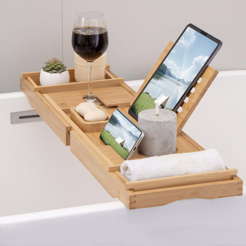 XcE Bamboo Bathtub Caddy universal-fit grips on many tubs.