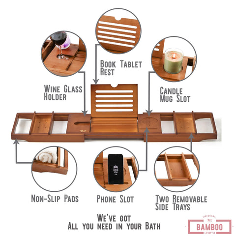 XcE Bamboo Caddy built-in wine glass holder for a relaxed soak.