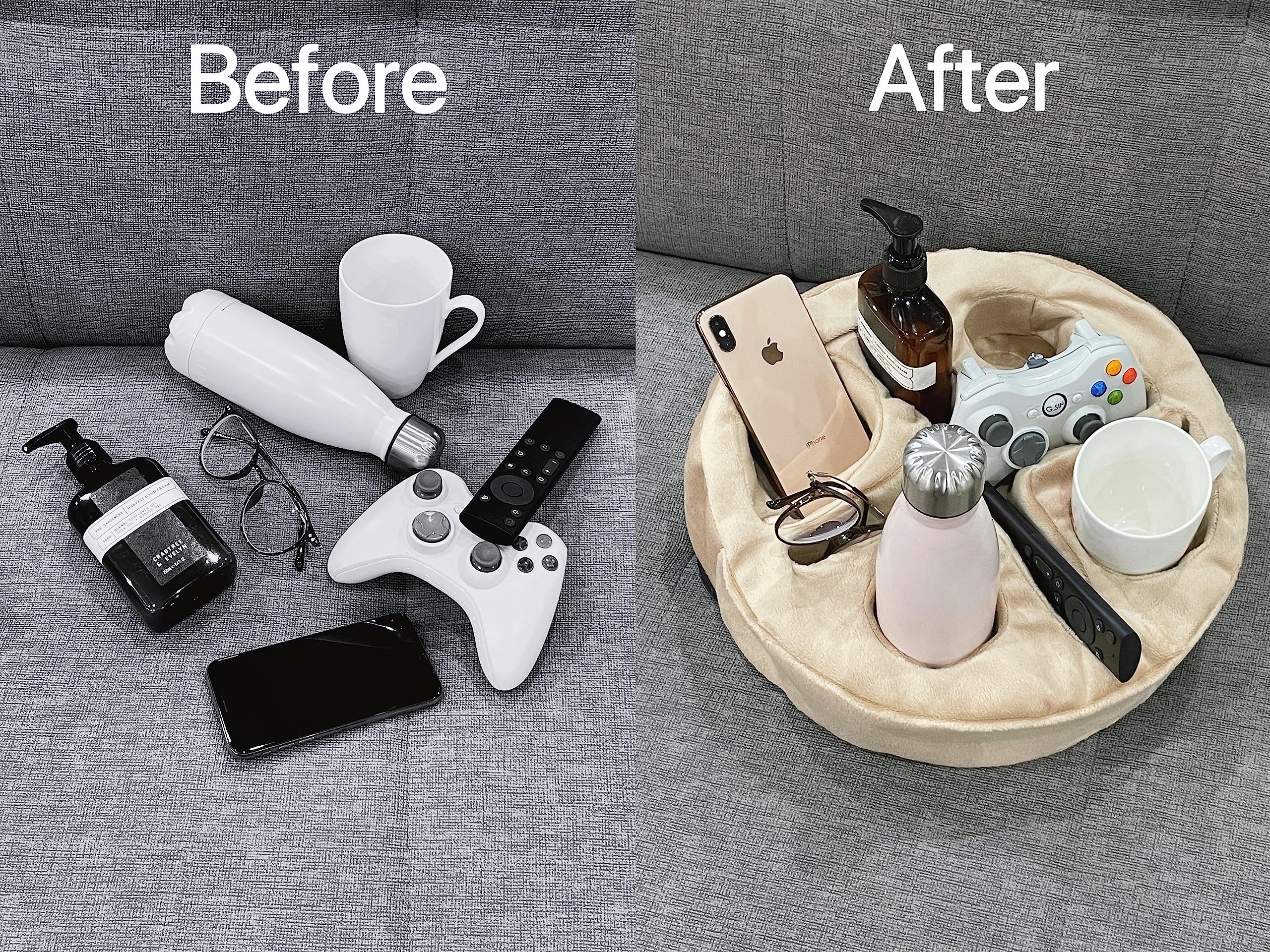 Xchouxer Beige sofa organization tray keeps drinks and remotes within reach