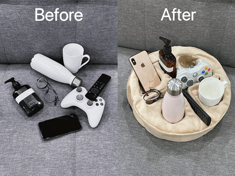 Xchouxer Beige sofa organization tray keeps drinks and remotes within reach