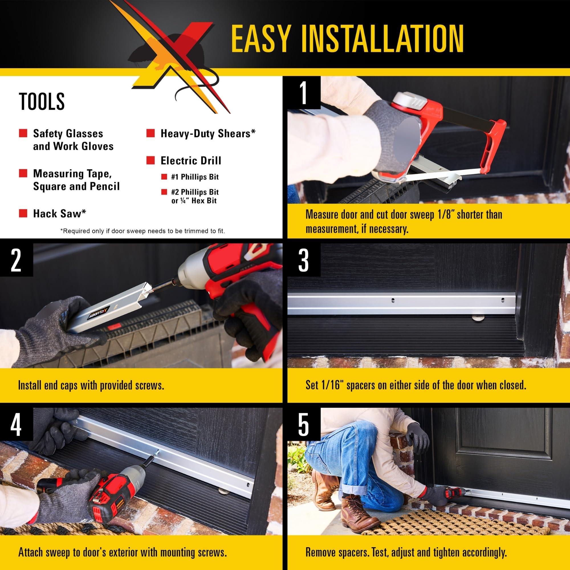 Door sweep being cut to size with common tools for a precise fit