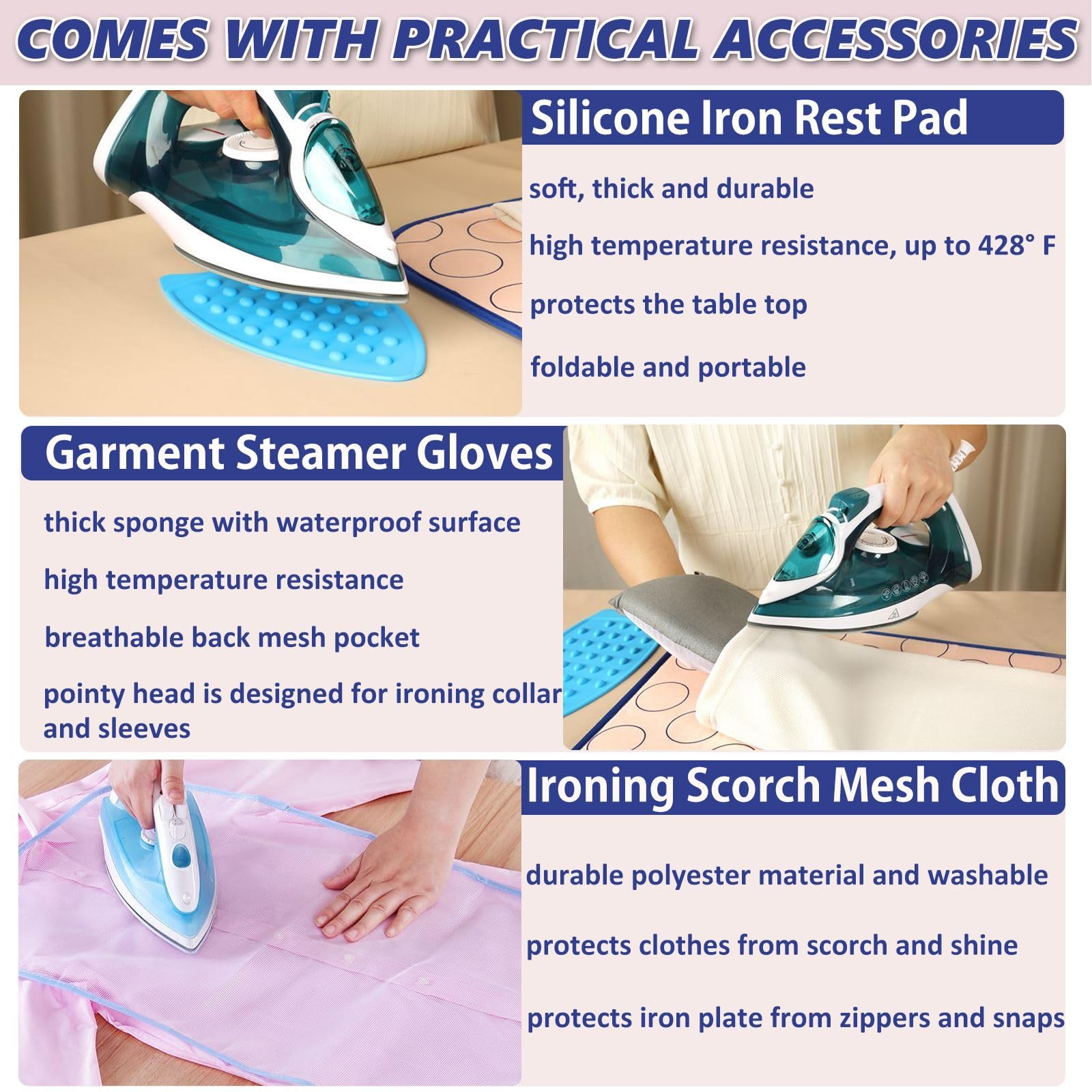 XDONEF heat-resistant ironing pad keeps tabletops safe from heat.