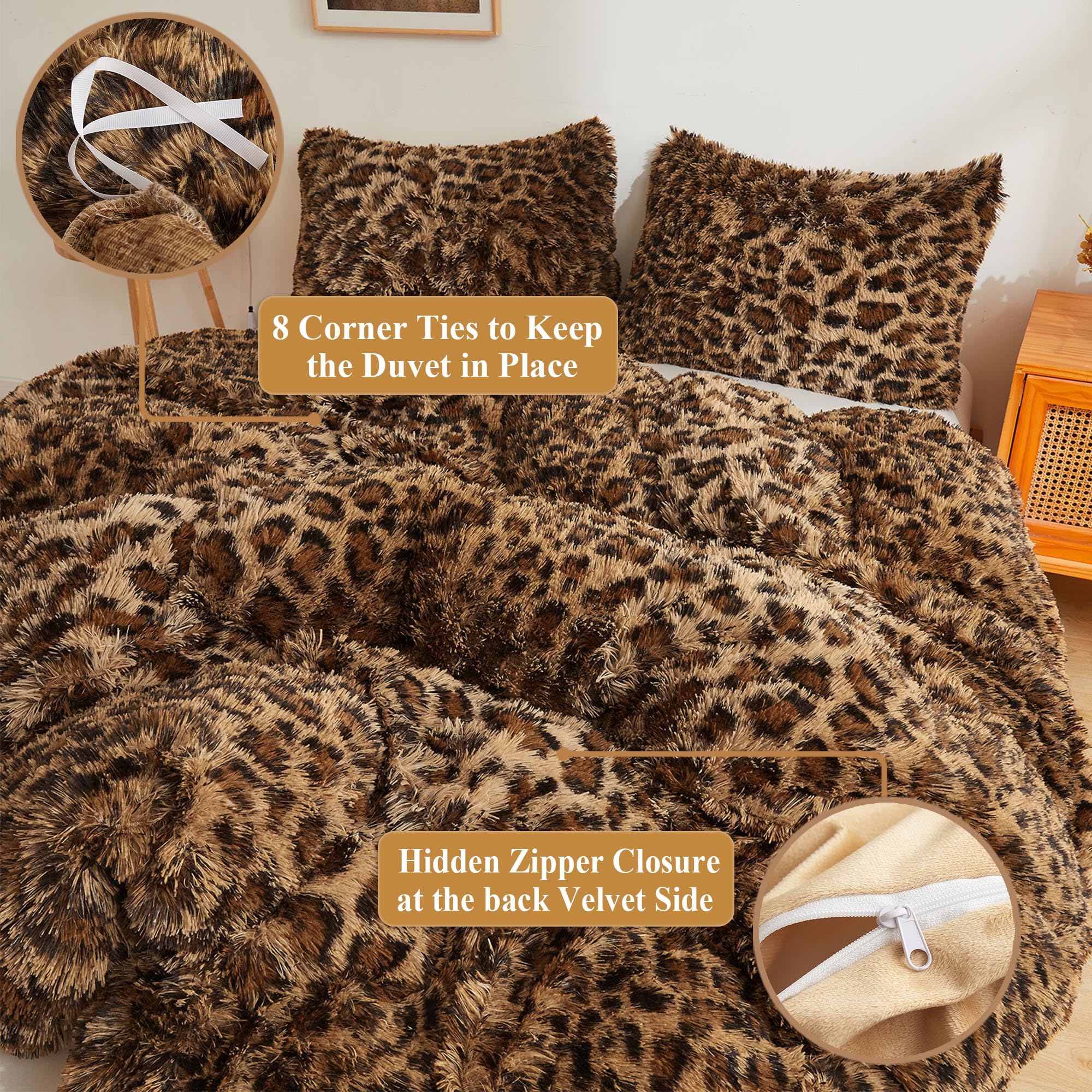 XeGe bedroom mood shot featuring the cheetah print fluffy set in a styled room