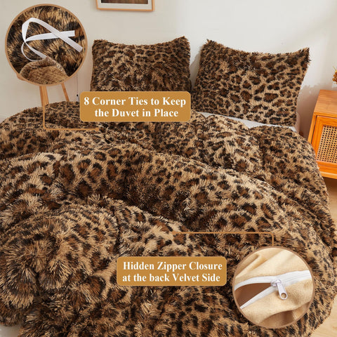 XeGe bedroom mood shot featuring the cheetah print fluffy set in a styled room