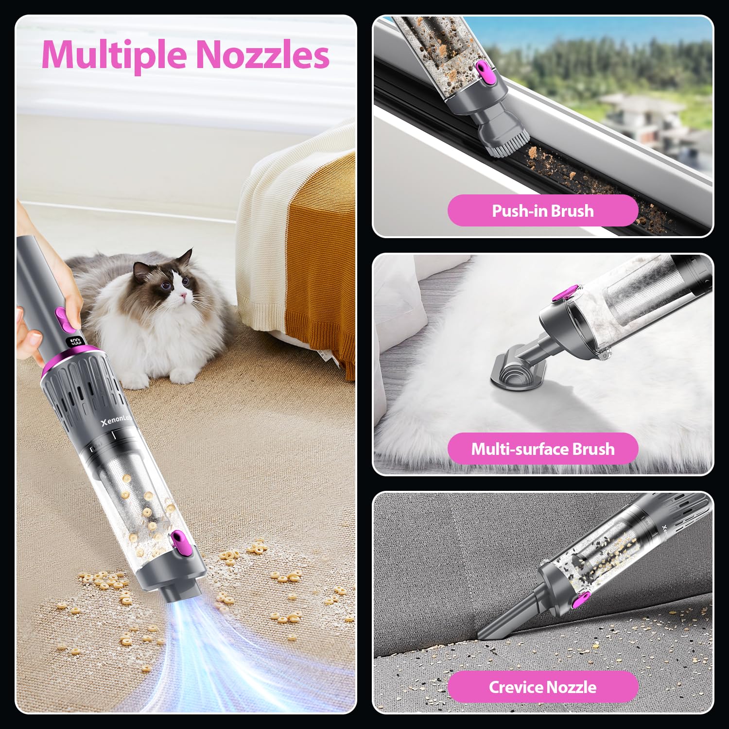 XenonLab brush nozzle tackling upholstery and carpeting.