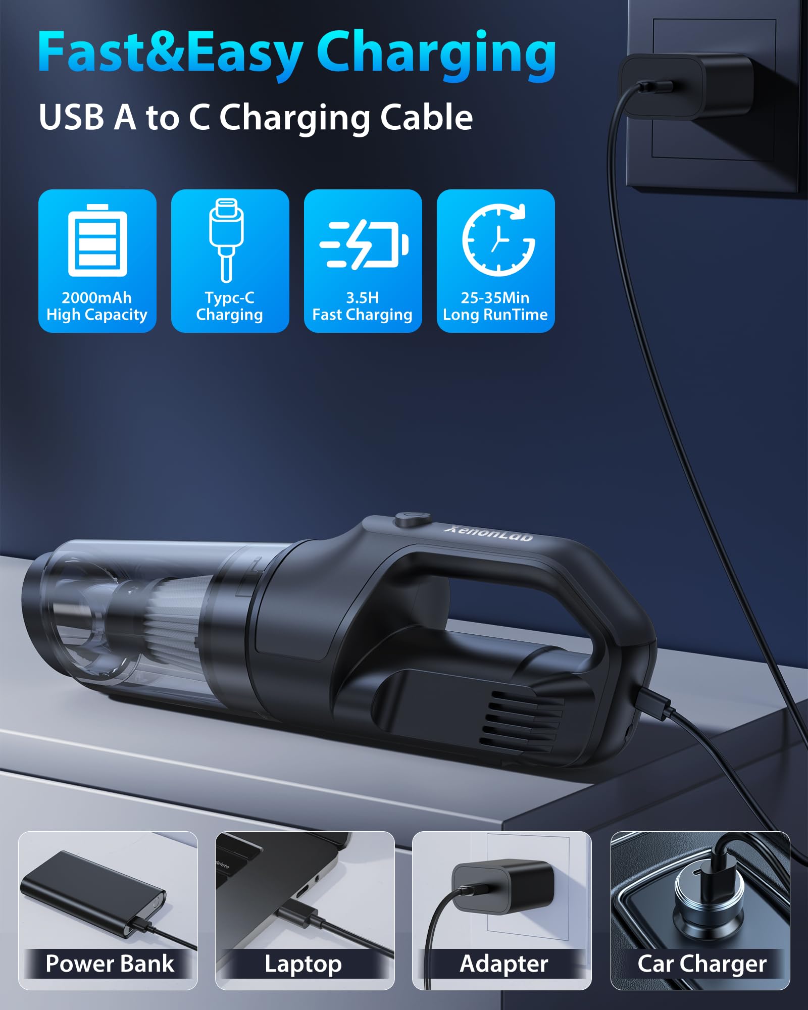 XenonLab cordless handheld vacuum Type C charging port for easy top ups