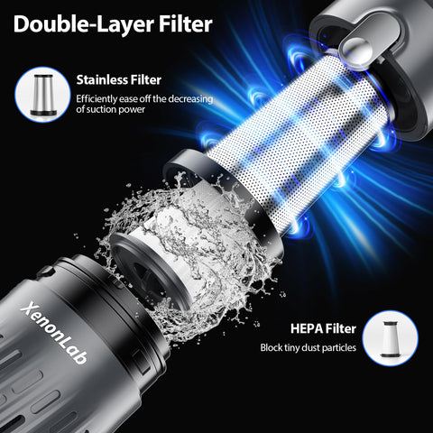 XenonLab handheld vacuum silver dual-suction in action for quick pickups.