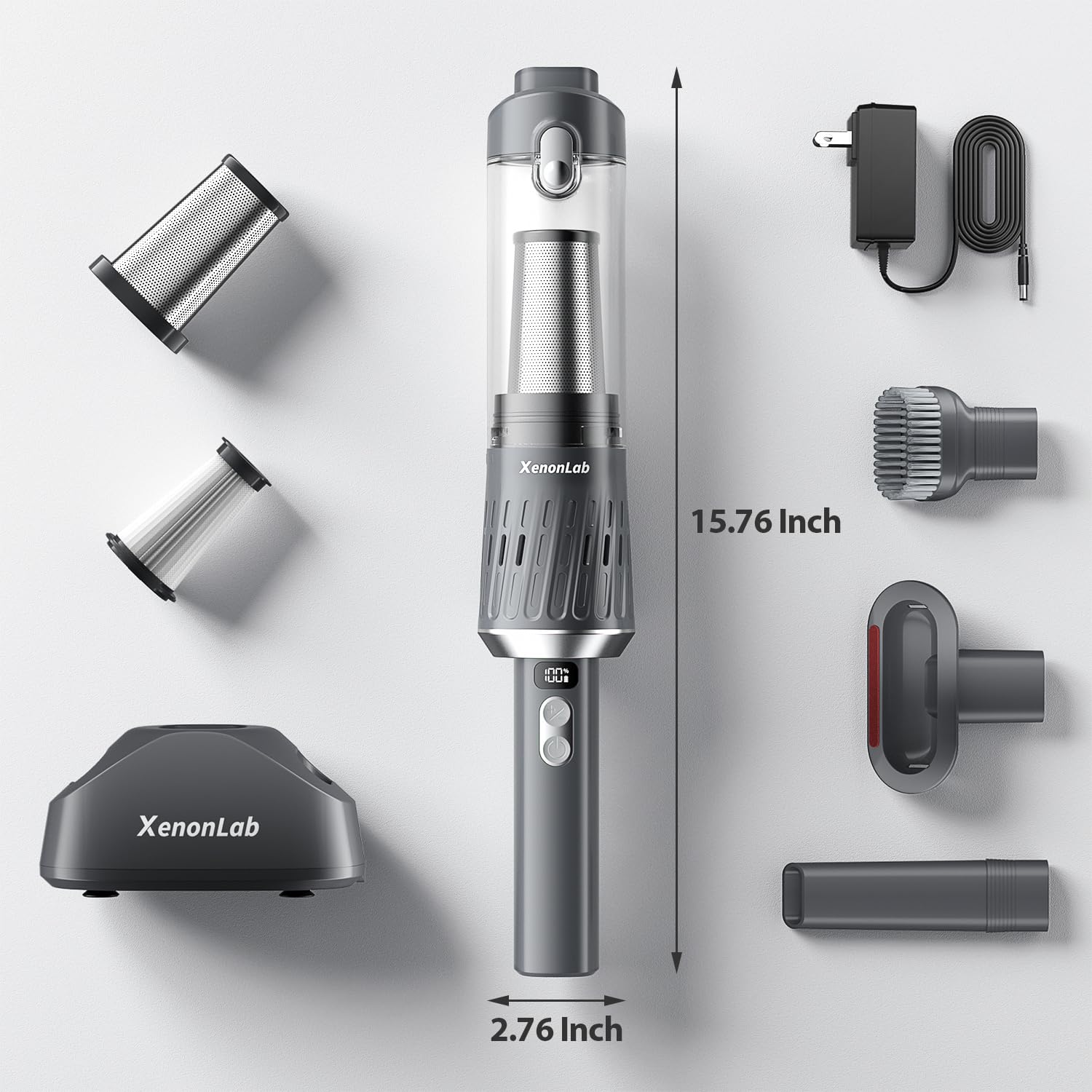 XenonLab handheld vacuum silver ergonomic handle for comfortable one-handed use.