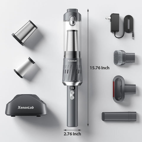 XenonLab handheld vacuum silver ergonomic handle for comfortable one-handed use.