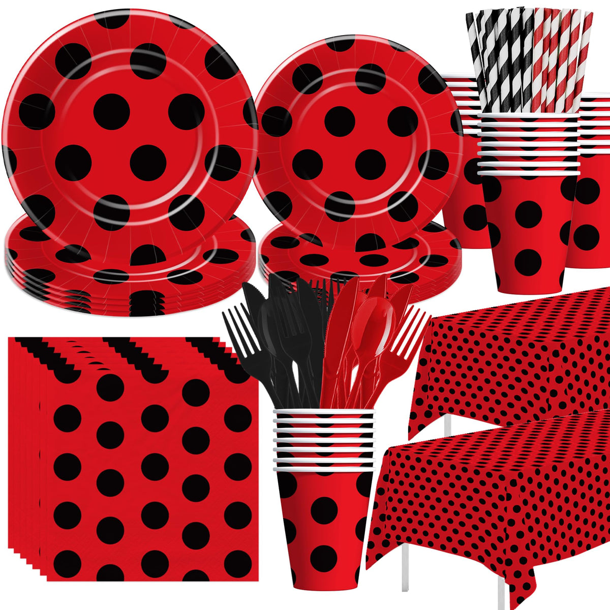 Xenorik ladybug plates for 24 guests with bold red and black design, quick cleanup option.