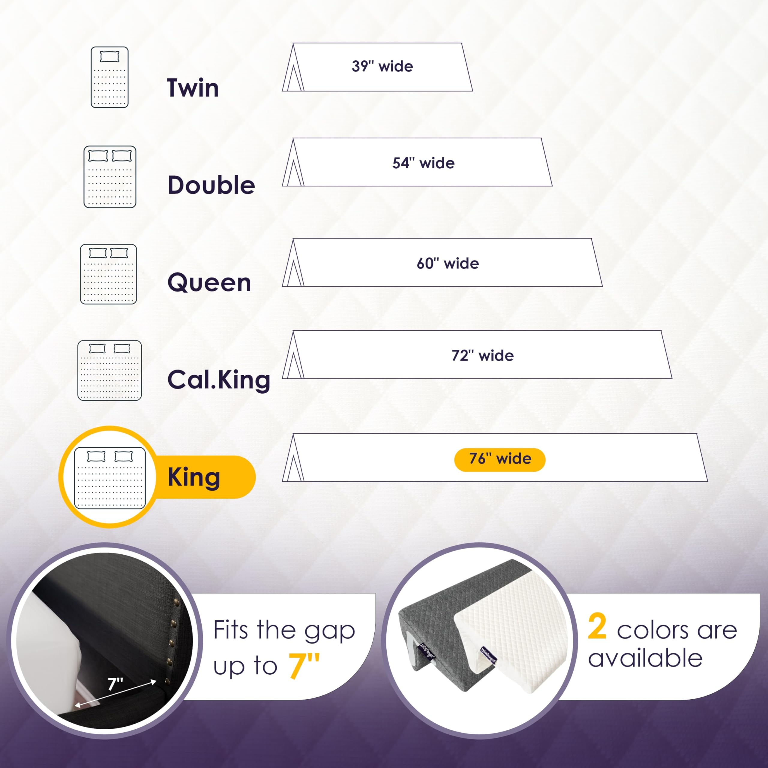 King gray wedge shown in multiple sizes for bed fit.