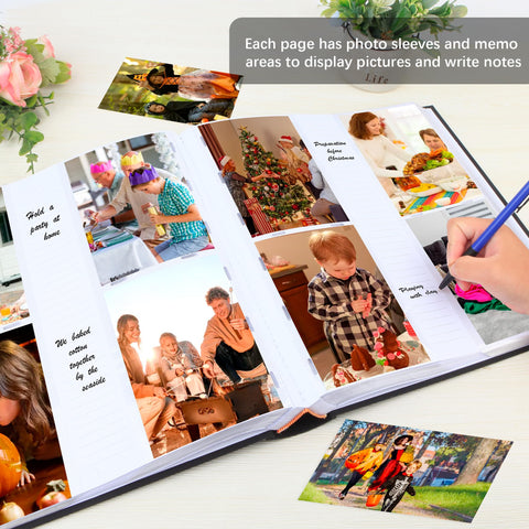 Xfveiwoo memo space pages allow captions alongside each 4x6 photo.