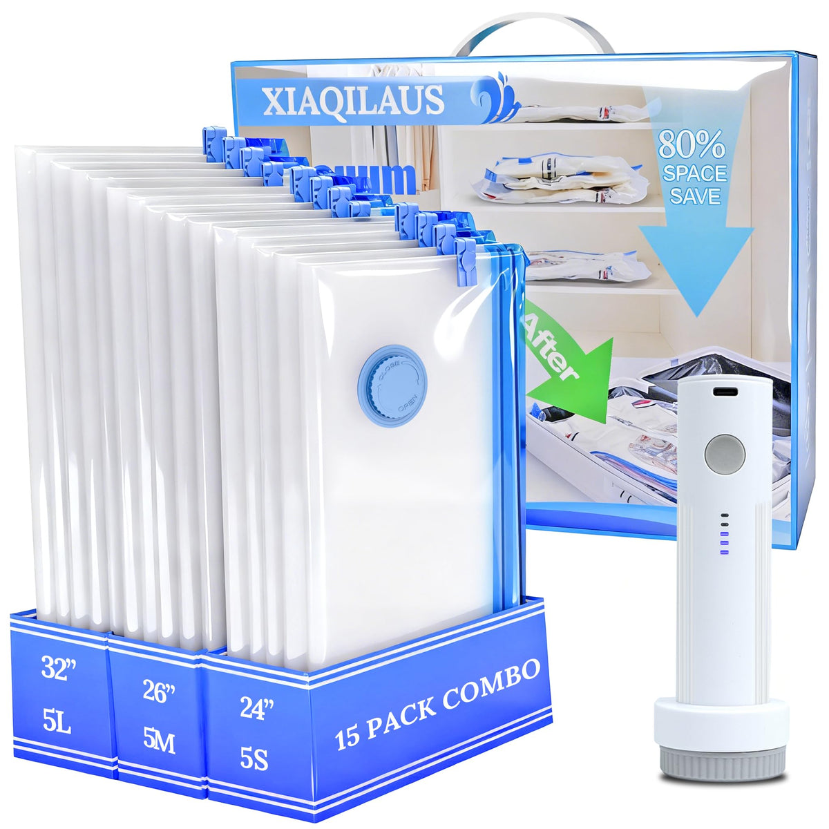 XIAQILAUS vacuum bags for clothing travel with wireless pump enabling compact packing