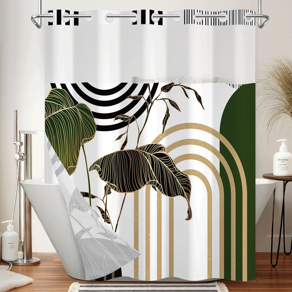 Xiazhilaio No Hook shower curtain with abstract tropical botanical print for stylish bathrooms.