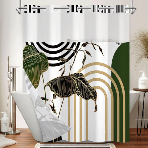 Xiazhilaio No Hook shower curtain with abstract tropical botanical print for stylish bathrooms.