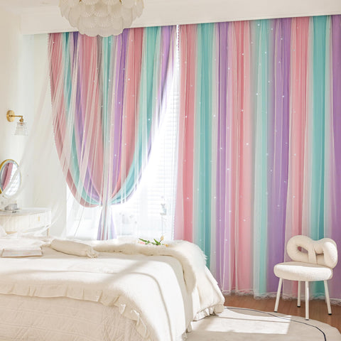 XiDi hollow star curtain layer adds whimsical privacy for naps.