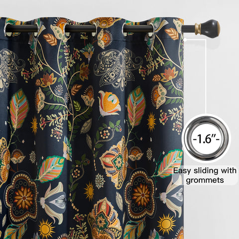 XiDi navy blue vintage floral curtains showing eight silver grommets for hangers