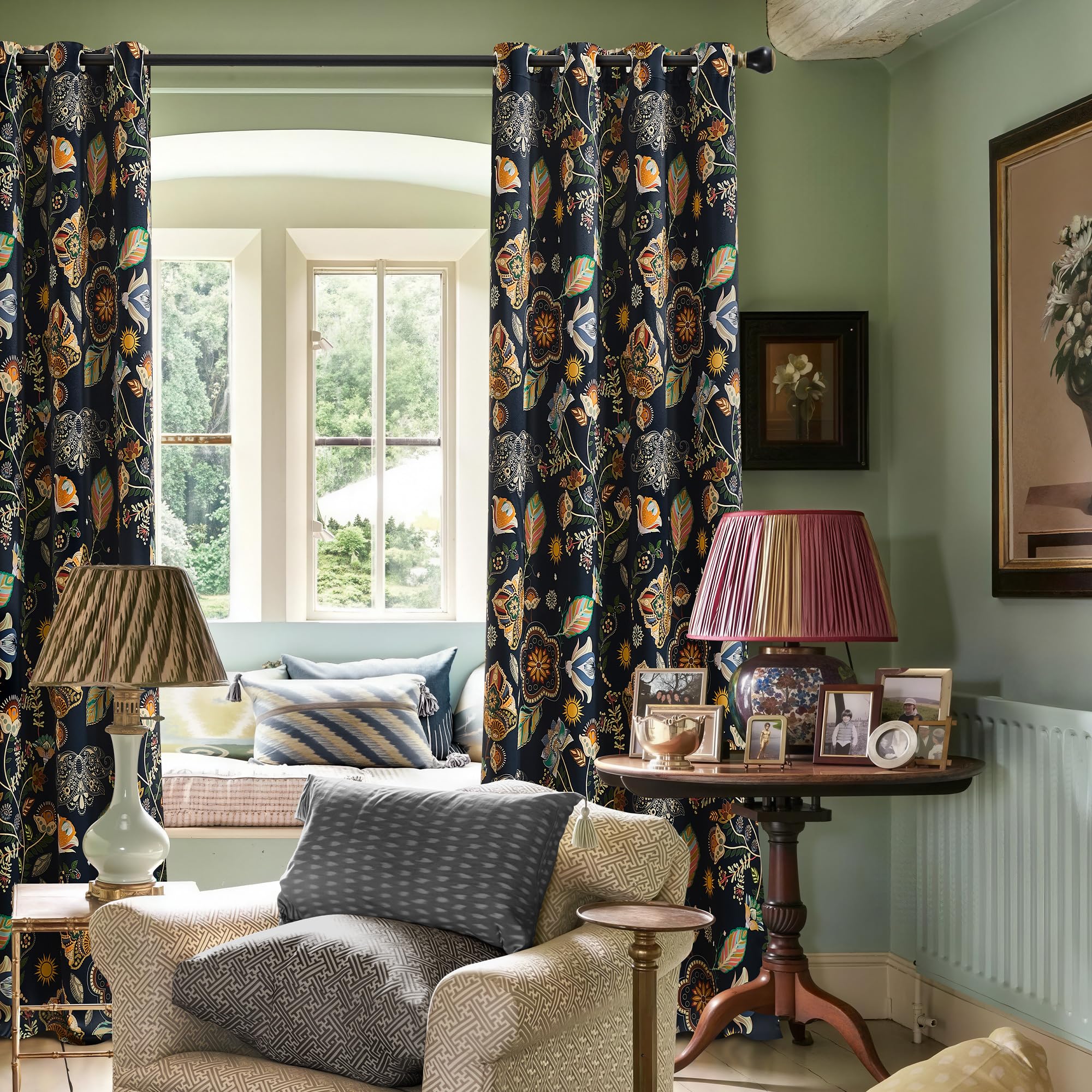 XiDi navy blue vintage floral curtains in a peaceful bedroom scene
