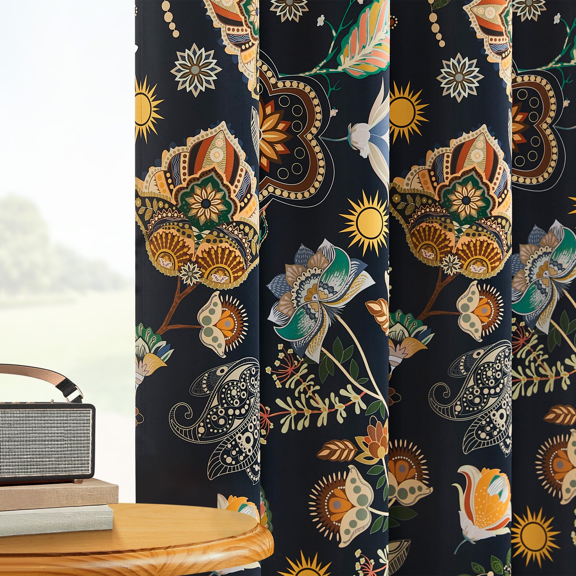 XiDi navy blue vintage floral curtains easy-care machine washable
