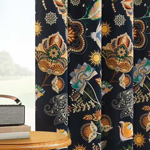 XiDi navy blue vintage floral curtains easy-care machine washable