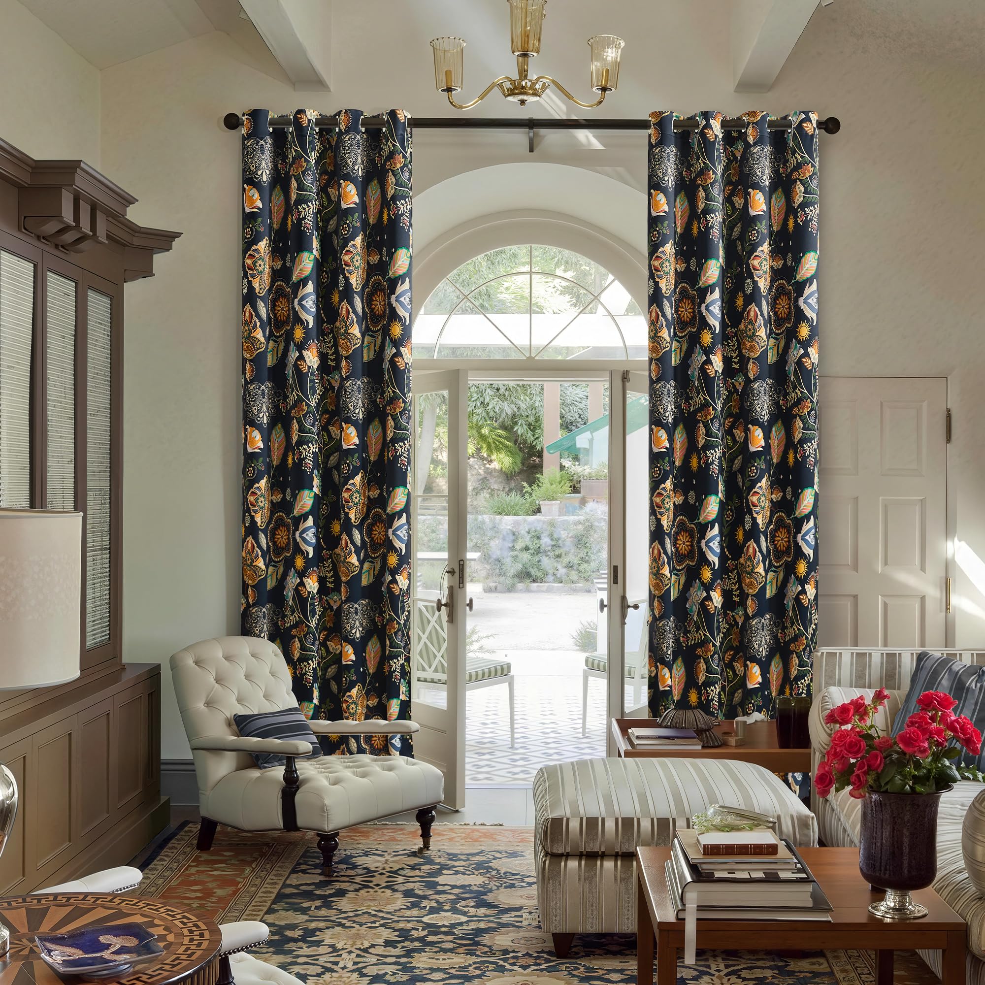 XiDi navy blue vintage floral curtains ready-made two-panel set