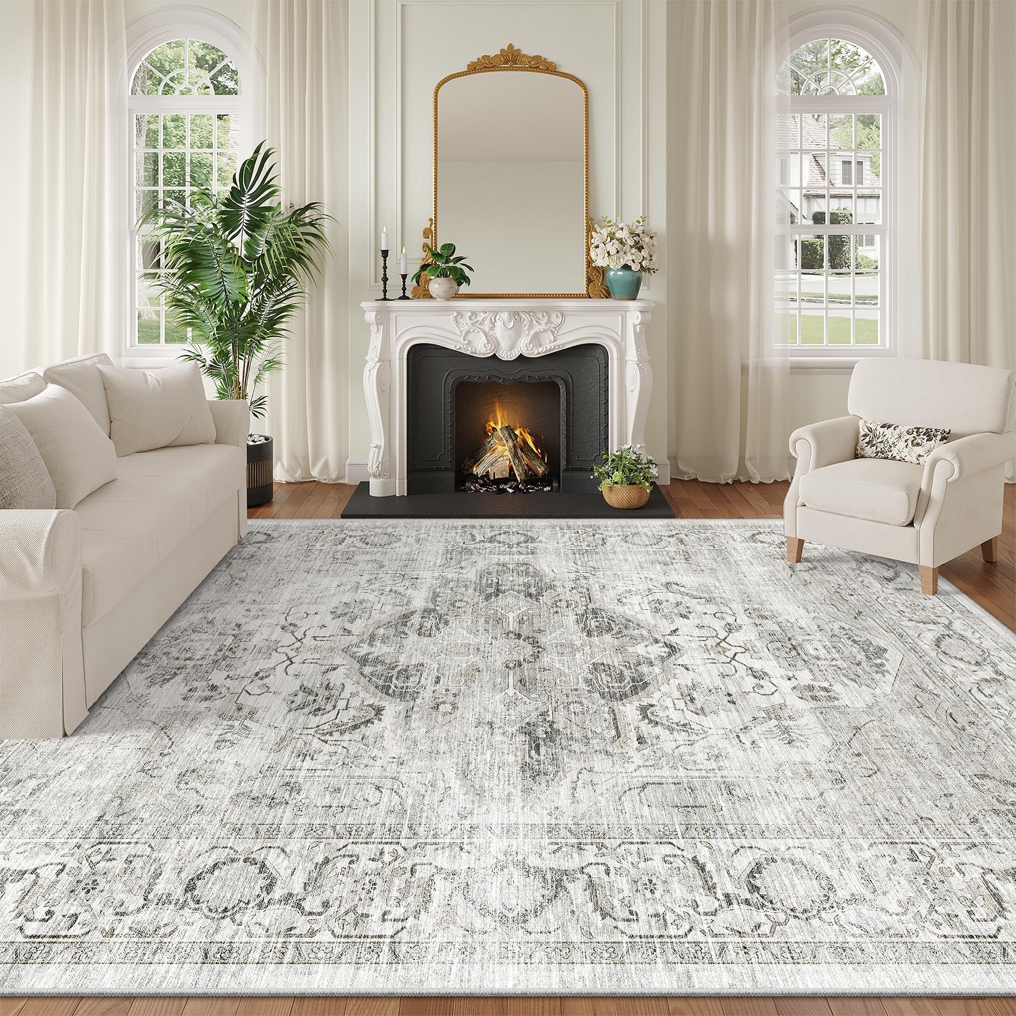 Xilixili washable 8x10 area rug ivory gray front view with soft texture for living rooms.
