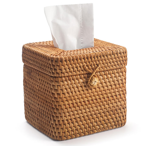 XIMISISE rattan tissue box cover with square lid enhances any table with natural warmth.