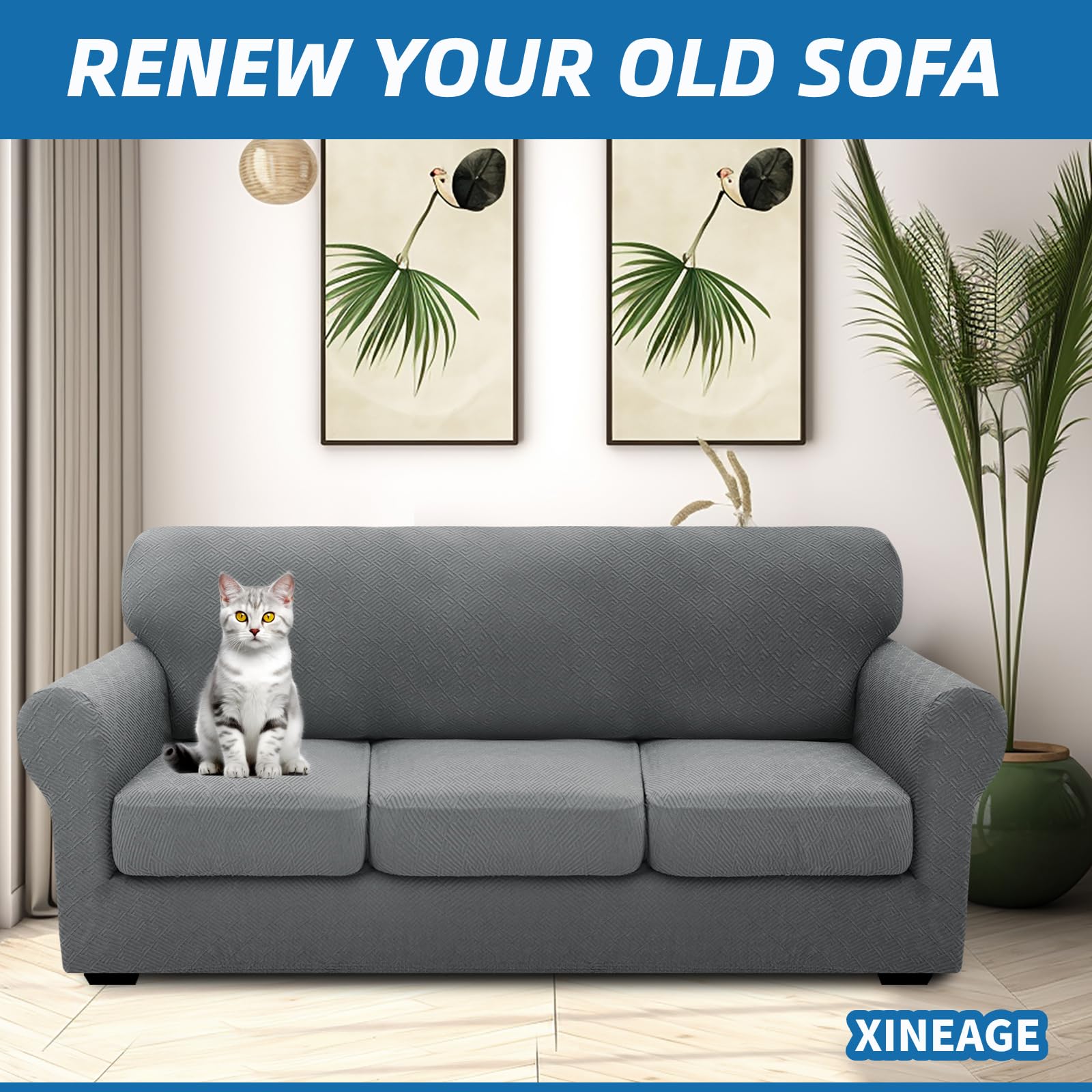 XINEAGE high-stretch fabric slipcover stretched over a couch for a snug fit
