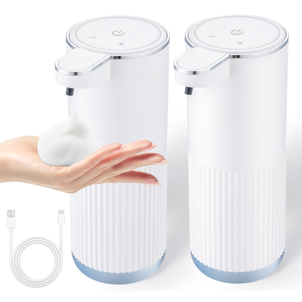 XINKORA 2-pack touchless foaming soap dispensers on bathroom counter for hygienic use