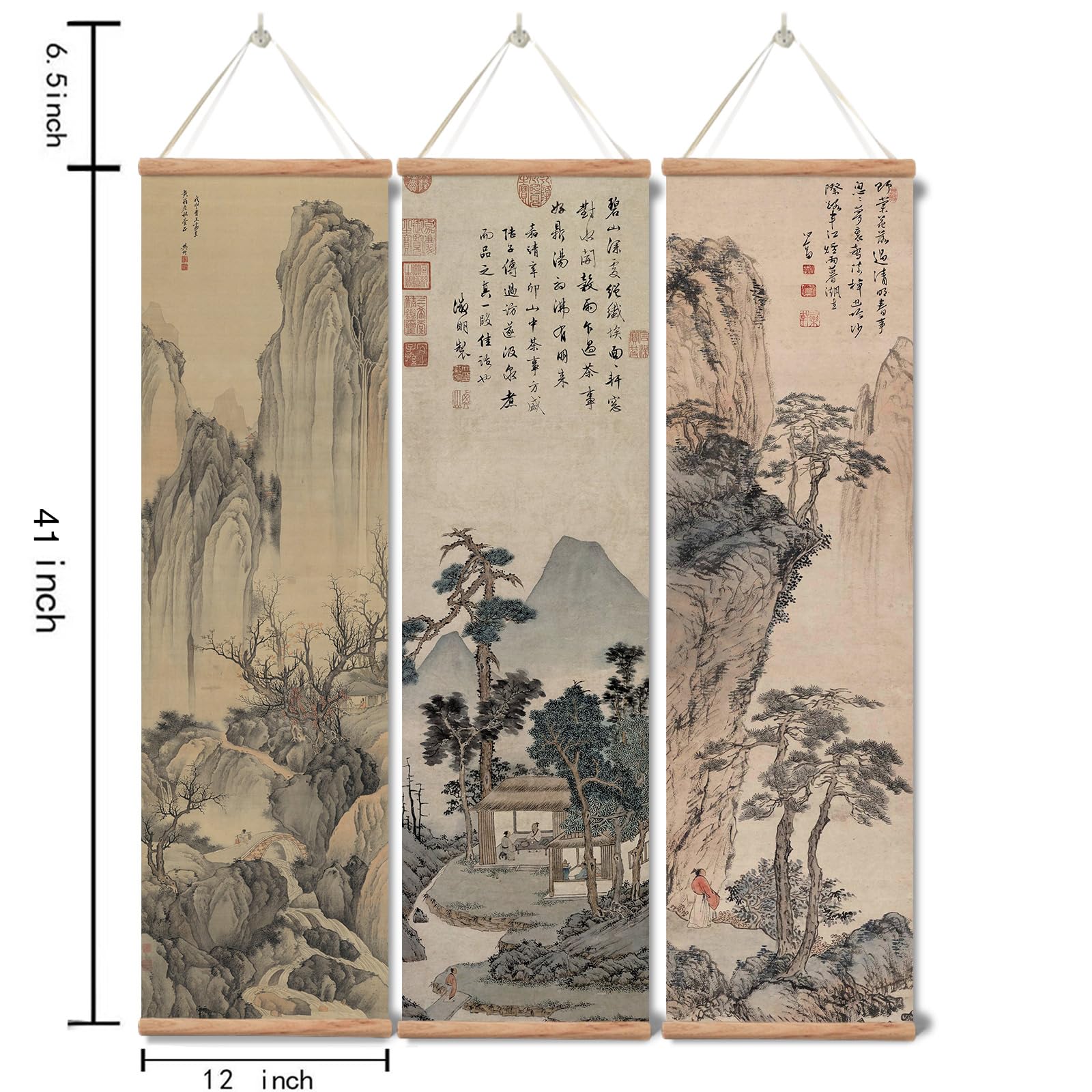 xinyuru three-piece scroll set adds natural warmth to bedrooms and study spaces.