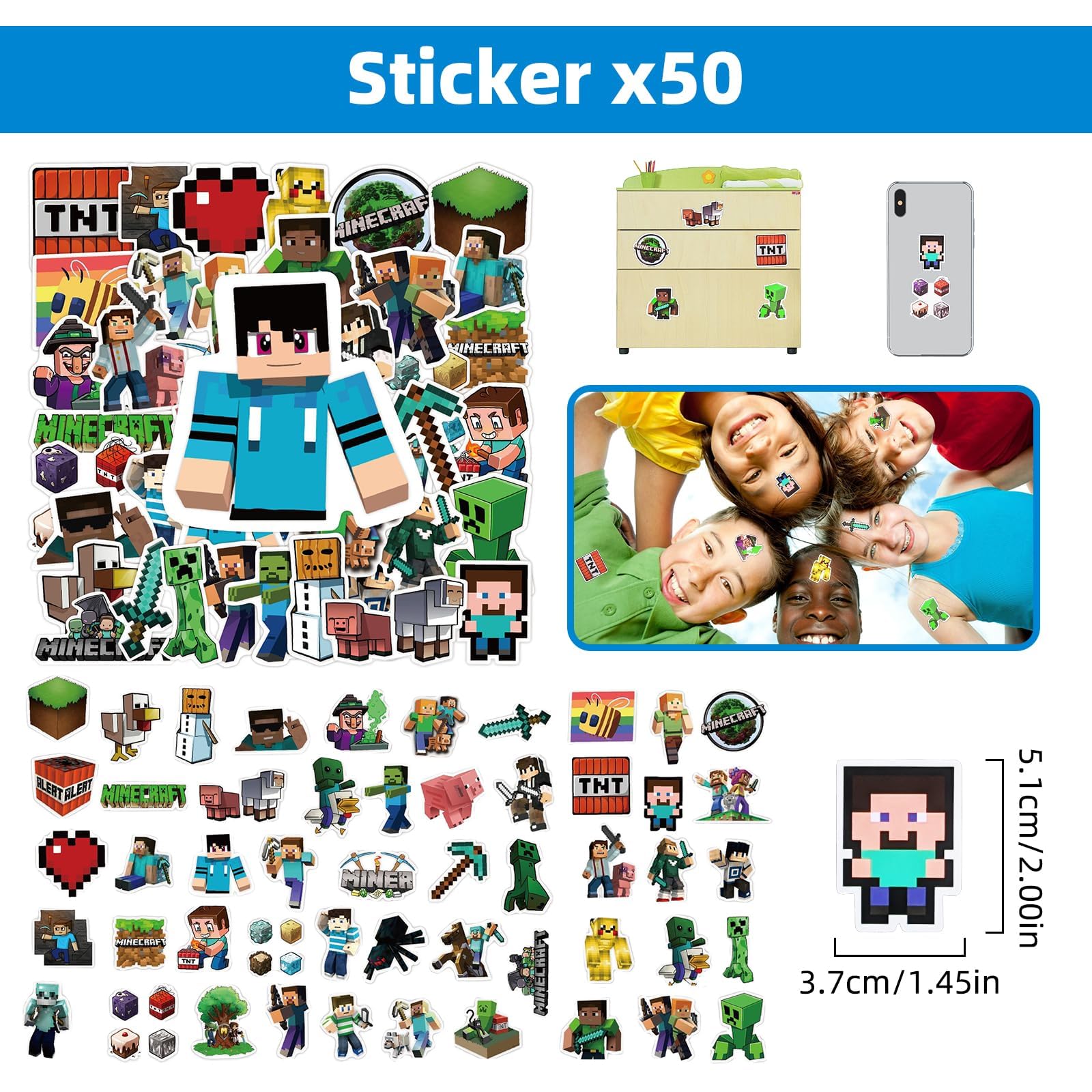 Xioose Pixel Style stickers 50pcs for cups, laptops, and decor.