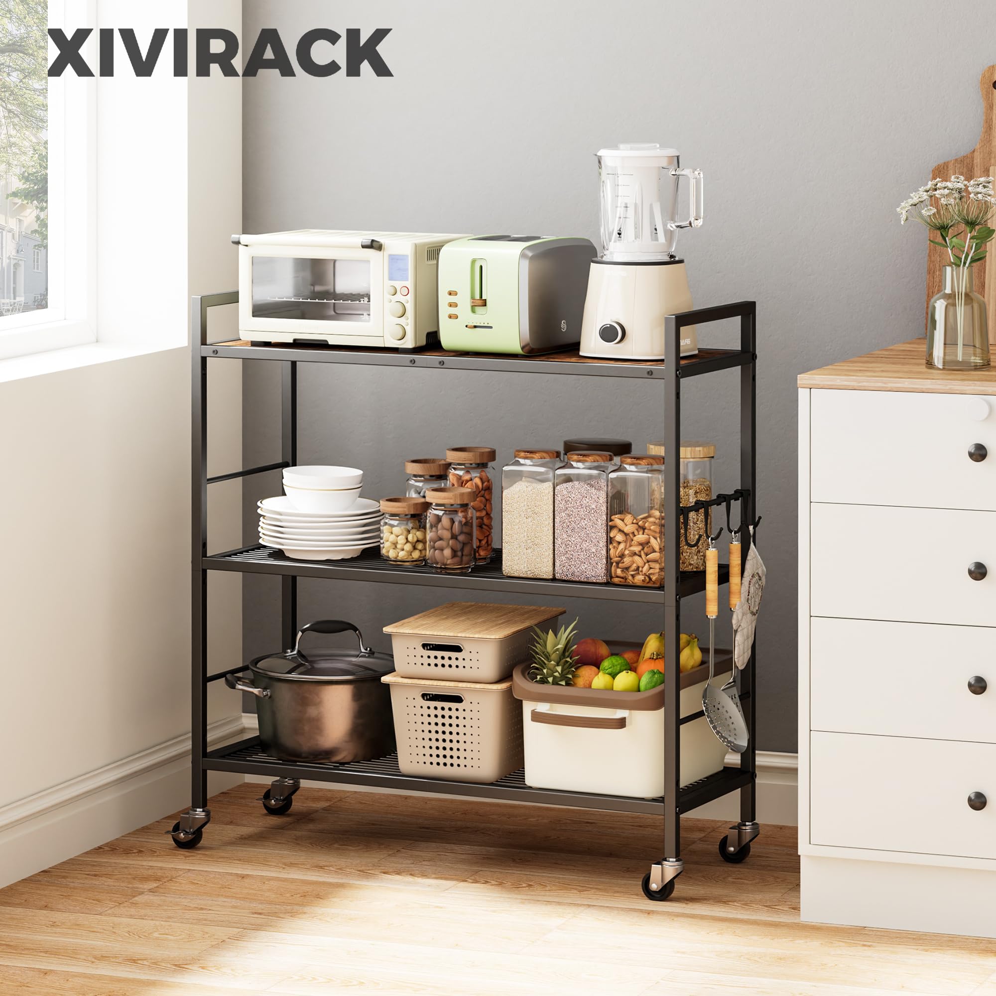XIVIRACK wooden tabletop atop sturdy shelving for workspace organization