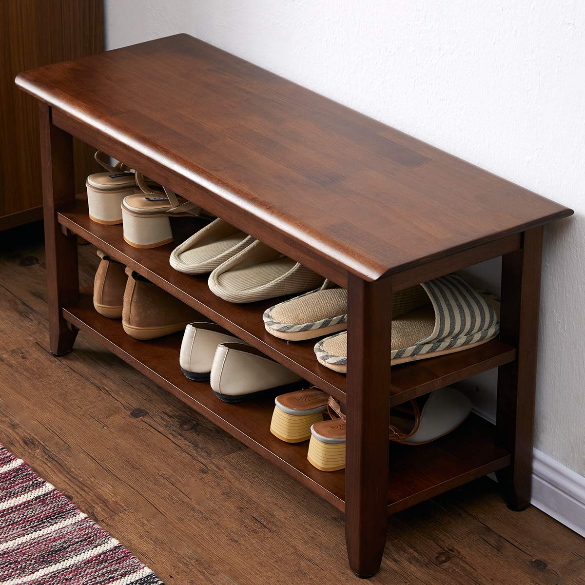 XKZG storage bench front view showing rustic rubberwood and roomy shoe storage