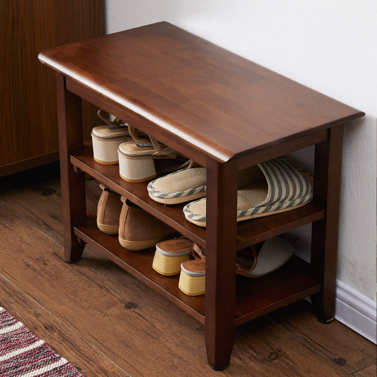 XKZG storage bench front view with sturdy rubberwood shoe rack for entryways