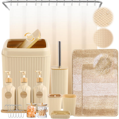 XLHOMO 32-piece beige bathroom set with shower curtain enhances cohesive decor.