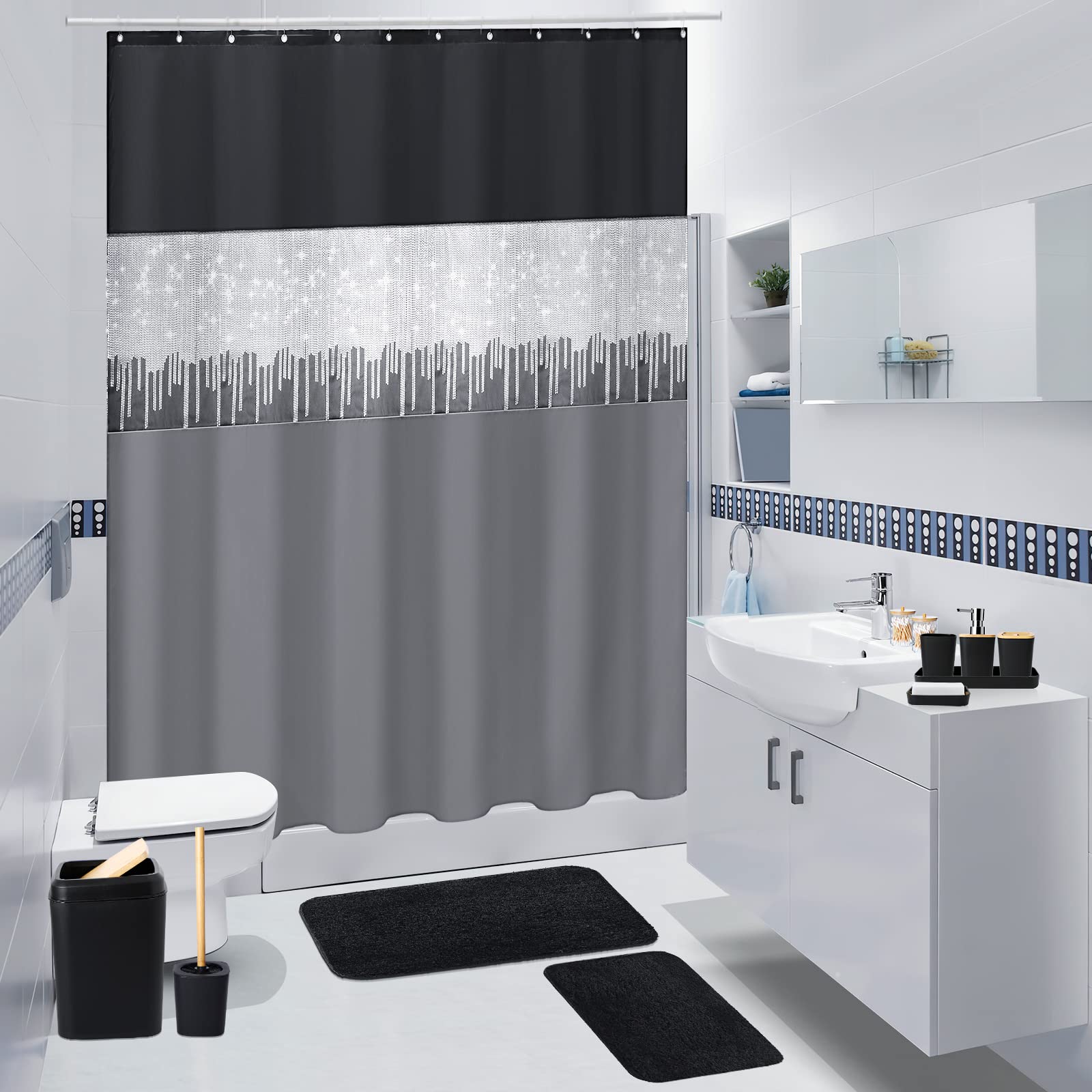XLHOMO shower curtain with 12 hooks for simple, secure hanging.