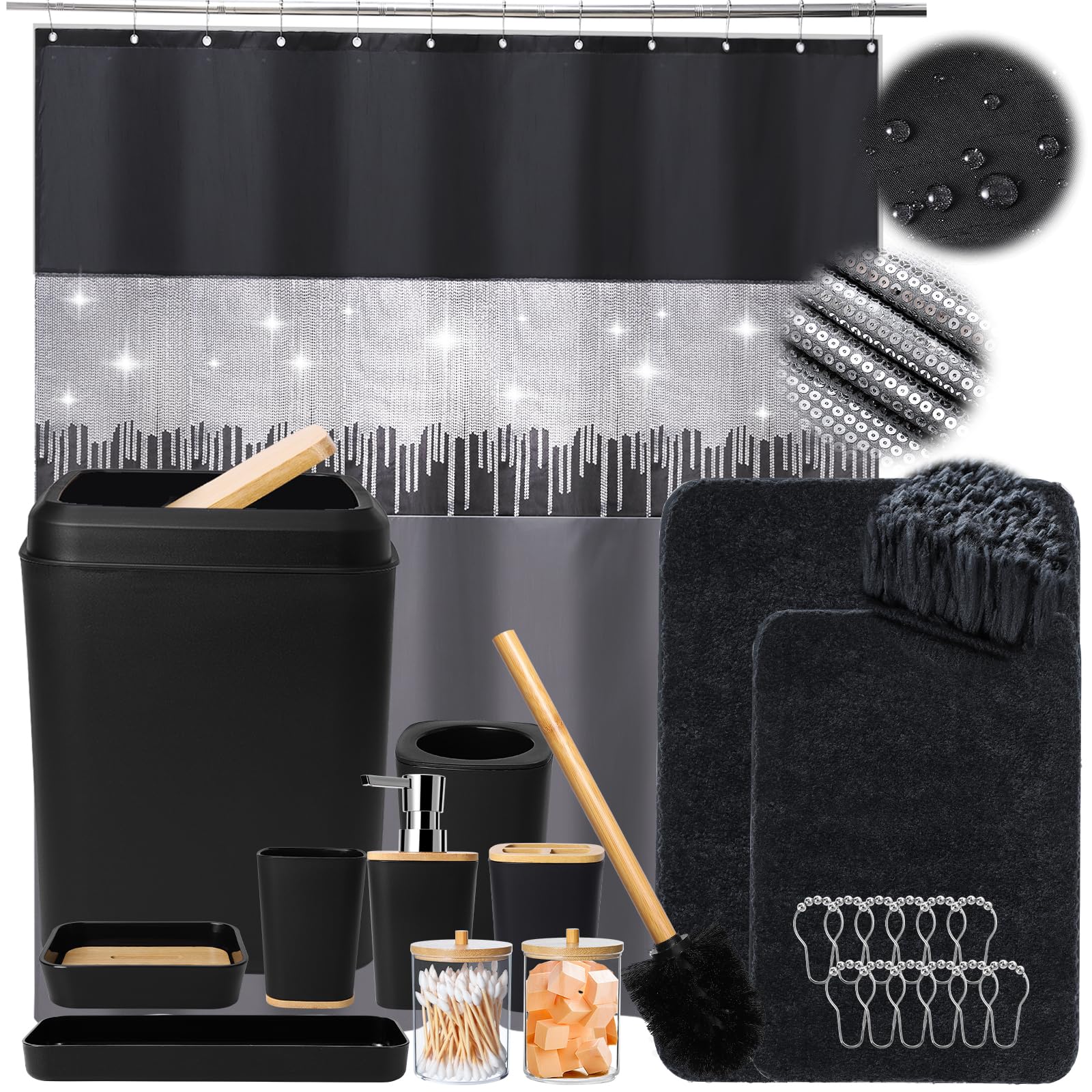XLHOMO black glitter shower curtain adds glamour with a durable, easy-care drape.
