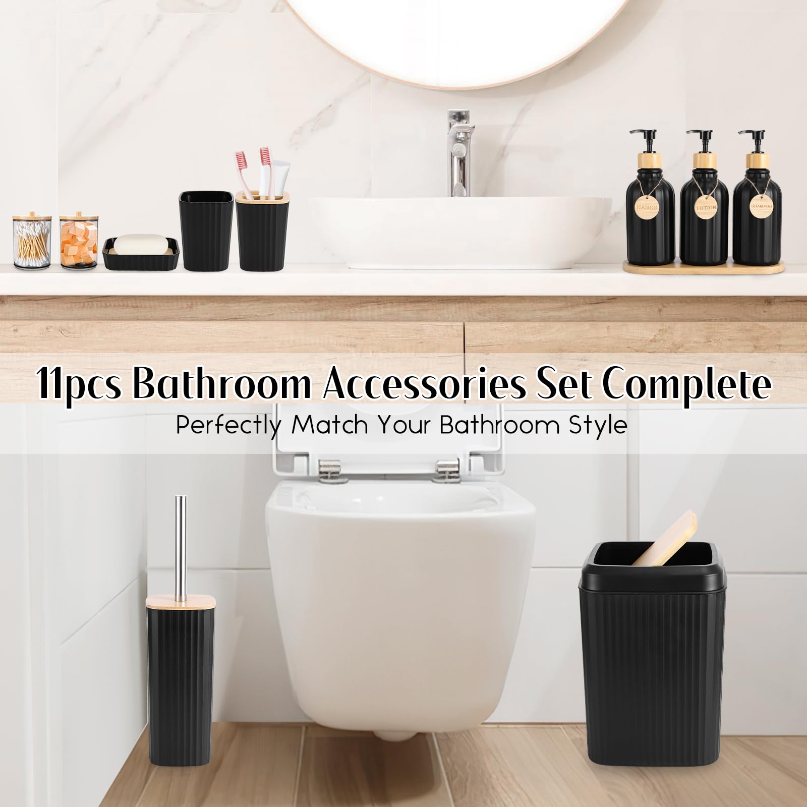 XLHOMO black trash can complementing decor with discreet waste solution.