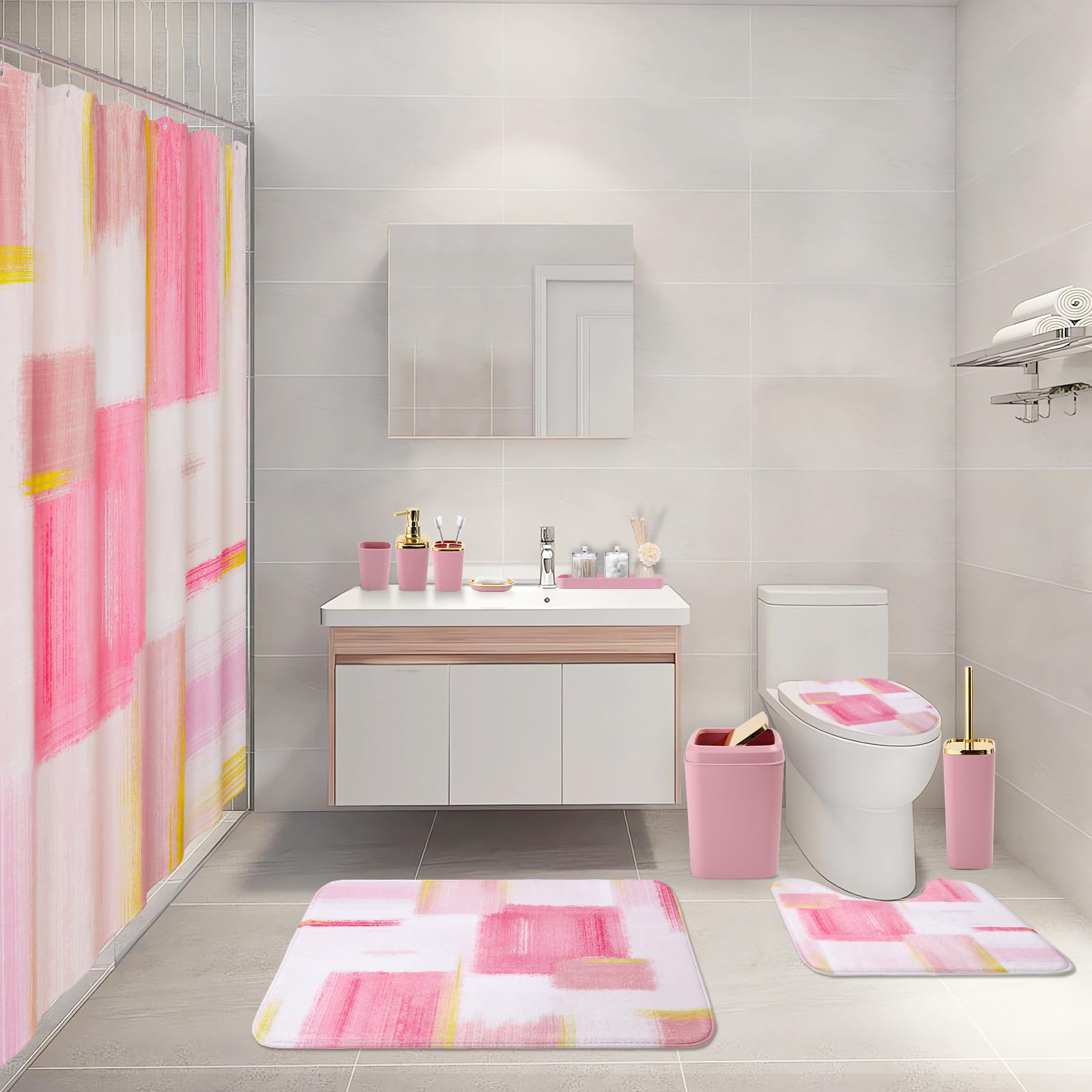 XLHOMO pink bathroom accessories tray showing coordinated storage for a tidy vanity.