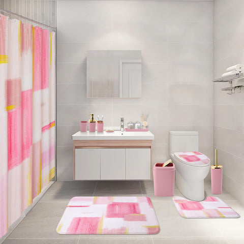 XLHOMO pink bathroom accessories tray showing coordinated storage for a tidy vanity.