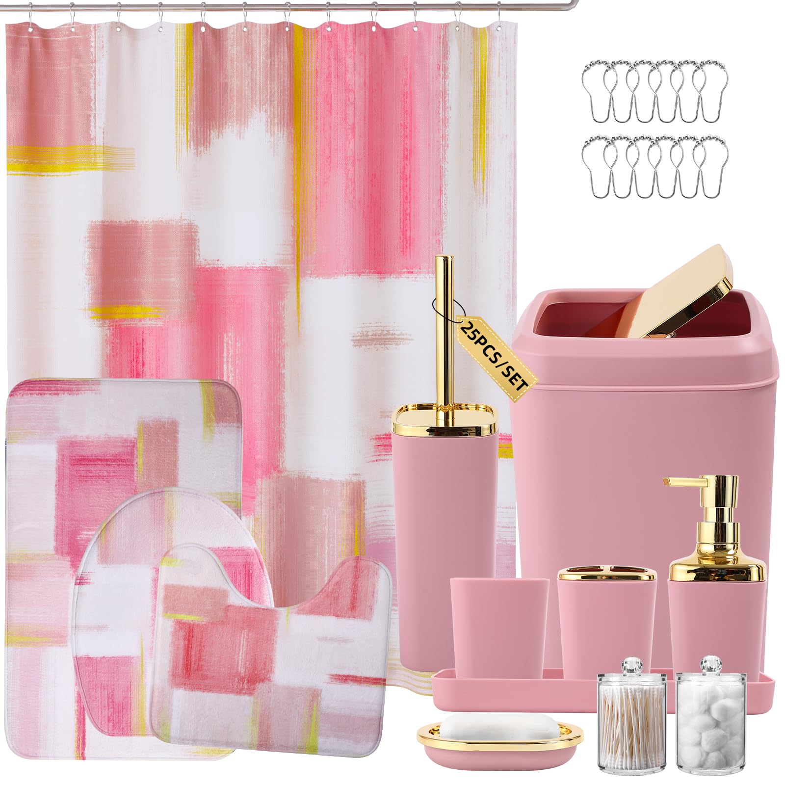 XLHOMO pink bathroom set curtain with waterproof print for chic, easy bathroom organization.