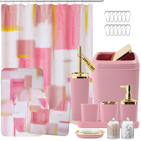 XLHOMO pink bathroom set curtain with waterproof print for chic, easy bathroom organization.
