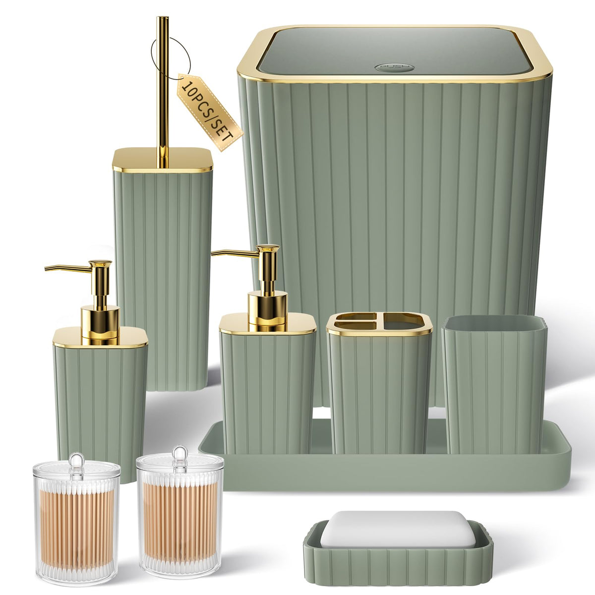XLHOMO sage green bathroom set with toothbrush holder and toilet brush for organized spaces