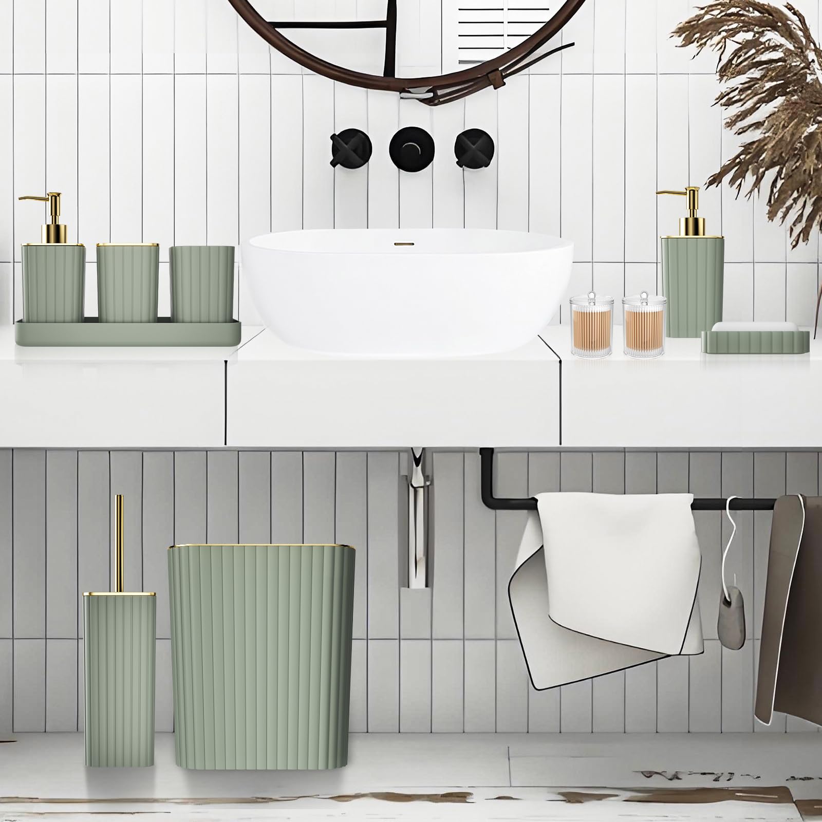XLHOMO sage green bathroom set trash can complements modern counter decor
