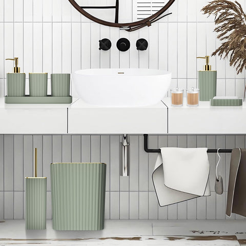 XLHOMO sage green bathroom set trash can complements modern counter decor