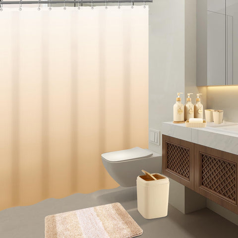 XLHOMO toilet brush and trash can blend practical storage with beige decor.