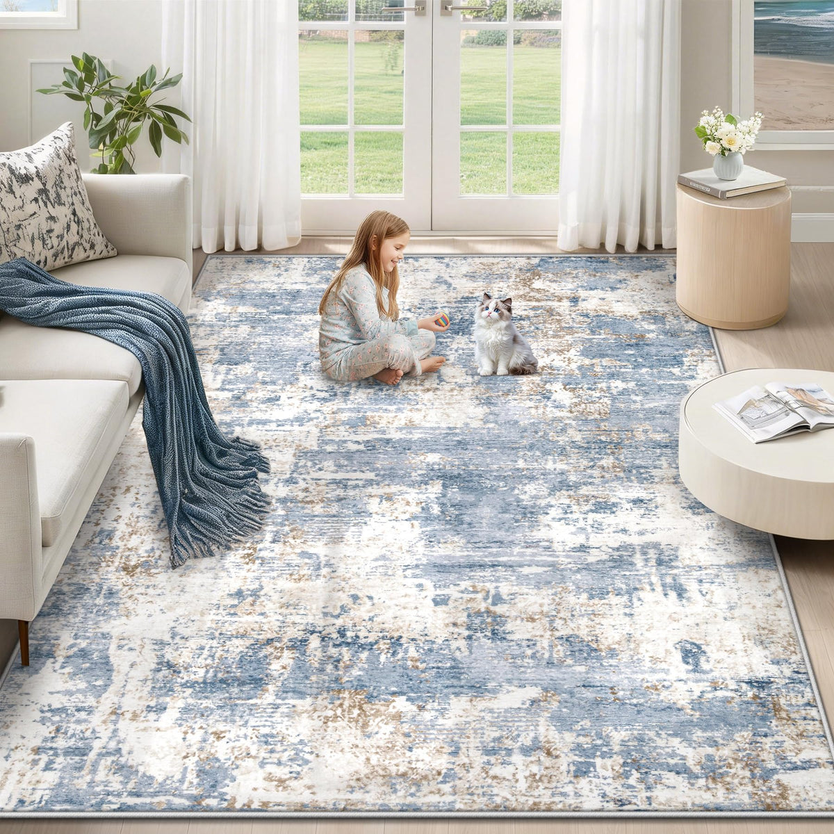 XLUEZ 5x7 living room rug hero shot shows soft surface for cozy family time.