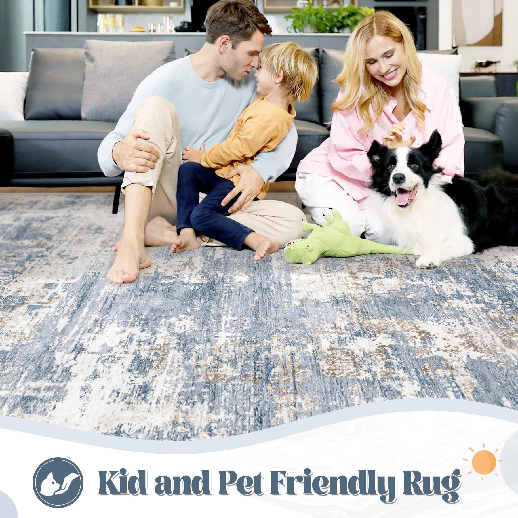 XLUEZ 5x7 rug washable feature demonstrates easy cold-water cleaning.